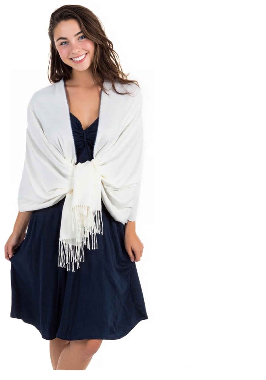 Model wearing a white wedding and party wrap