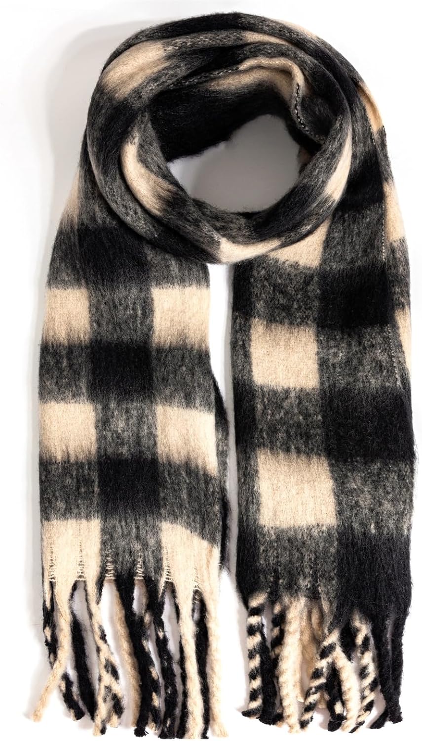 Cozy plaid scarf coiled with fringe